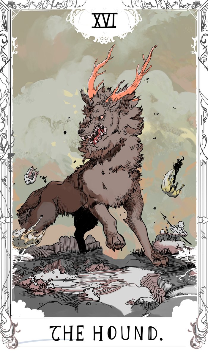 The Hound and tarot card design went through several iterations before we landed on an aesthetic that we thought could work well across the set.

What do you think?

#tarot #art