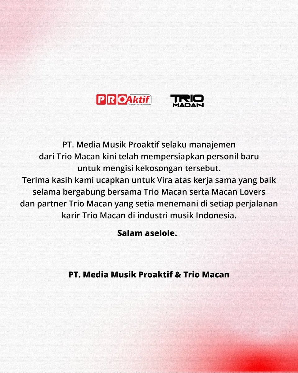 Official Announcement dari PT Media Musik Proaktif selaku management dari Trio Macan terkait kabar yang belakangan ini beredar di media. #TrioMacan #MusikProaktif #OfficialAnnouncement