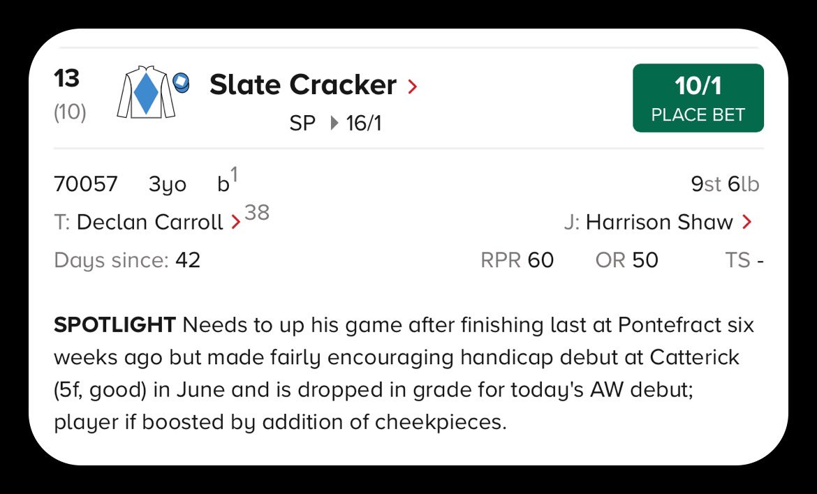 shaw_harrison's tweet photo. One ride today @WolvesRaces #SlateCracker runs at ⏰6.00pm for @declan_carroll the very best of luck to the team today and his owner Brian Chambers #HS #goodluck 🍀🍀🤞🤞🐎🐎 https://t.co/Euj1L0Okda