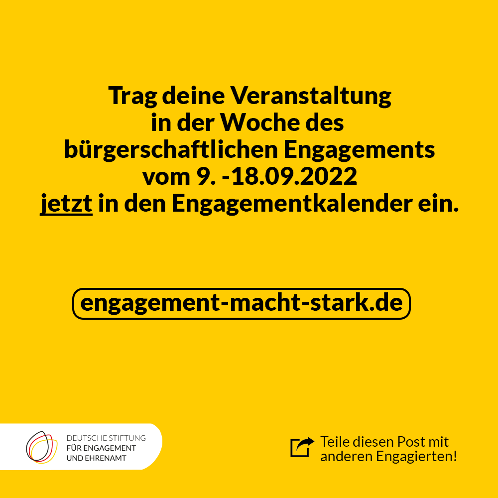 Tragt eure Aktion oder Veranstaltung jetzt in den Engagementkalender von Engagement macht stark ein und werdet Teil der größten bundesweiten Freiwilligenoffensive! bit.ly/3PpT5go #EngagementMachtStark #EngagementWoche @bbe_info