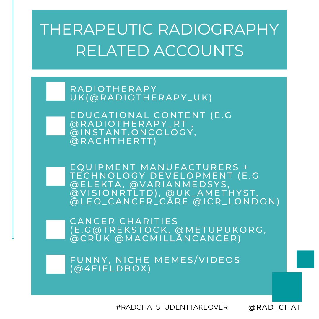 Here are some of our students' favourite #radiography themed social media accounts to follow:

#radchatstudenttakeover
#studentradiographer #diagnosticradiography #therapeuticradiography #AHPs #nhscareers