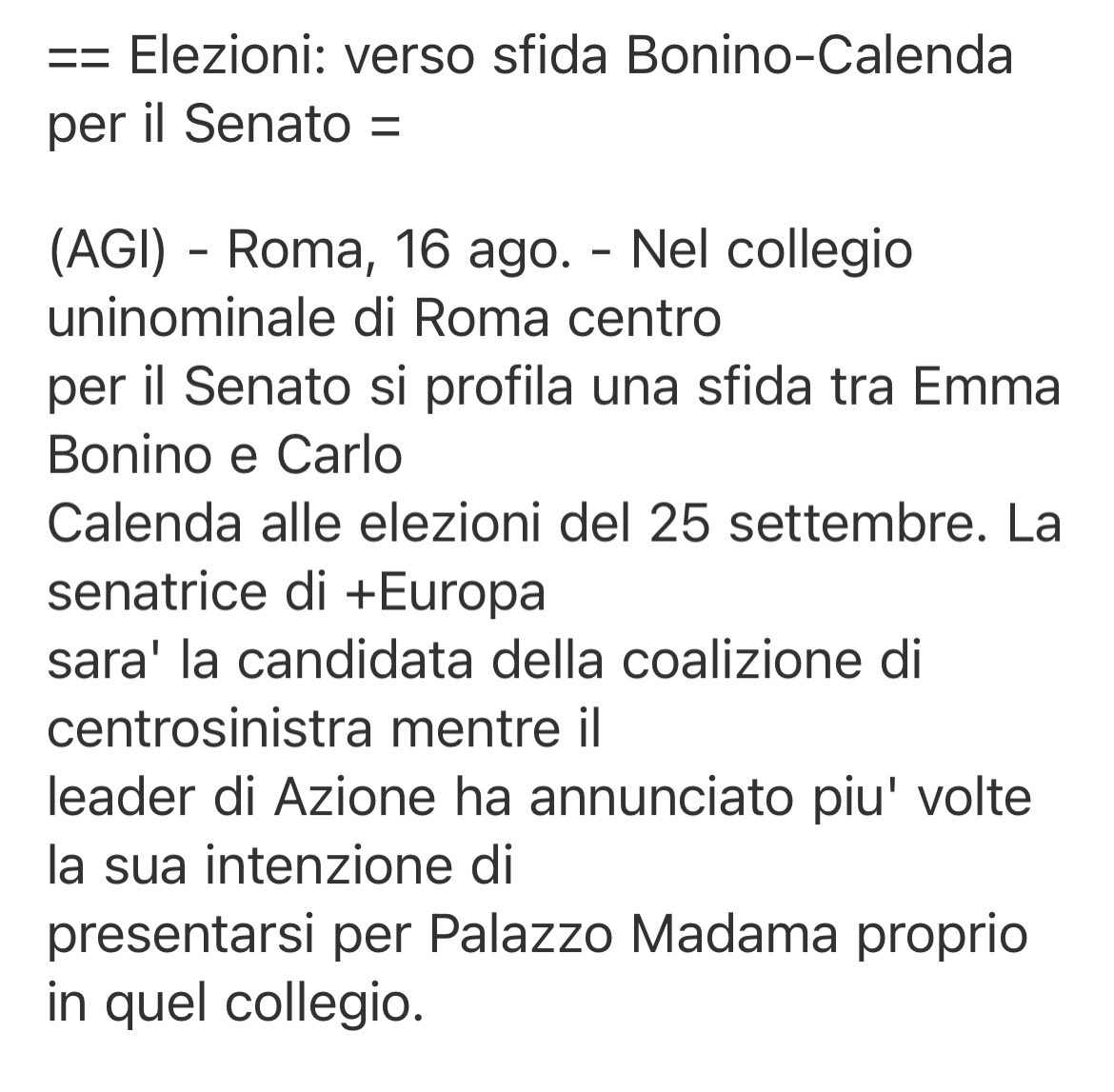 CarloCalenda's tweet photo. Ottimo. Felice di avere ⁦@emmabonino⁩ come avversaria al Senato. Magari riusciremo a confrontarci sui problemi di Roma. Lasciando da parte invettive e insulti. https://t.co/BLKYl3ufqG