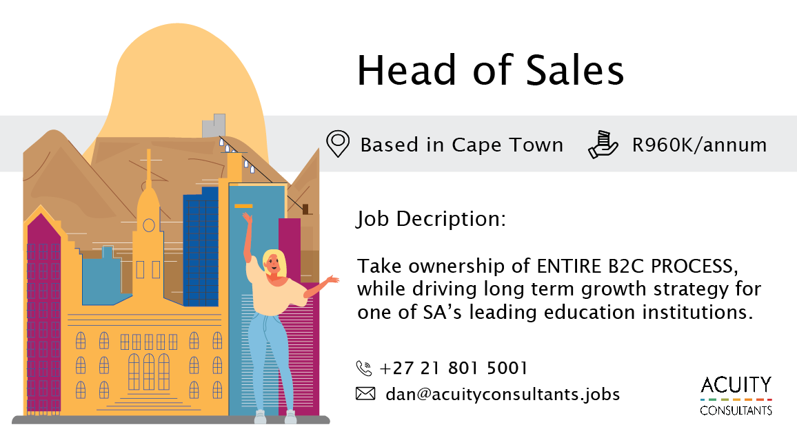 consultacuity's tweet photo. 🎯New #JOB | Head of Sales | 📍 Based in Cape Town |  💰 R960K/annum

MORE DETAILS HERE: 👉 https://t.co/shodPic9l7 👈

#recruitment #acuityconsultants #jobalert https://t.co/1NJU2OmcBq