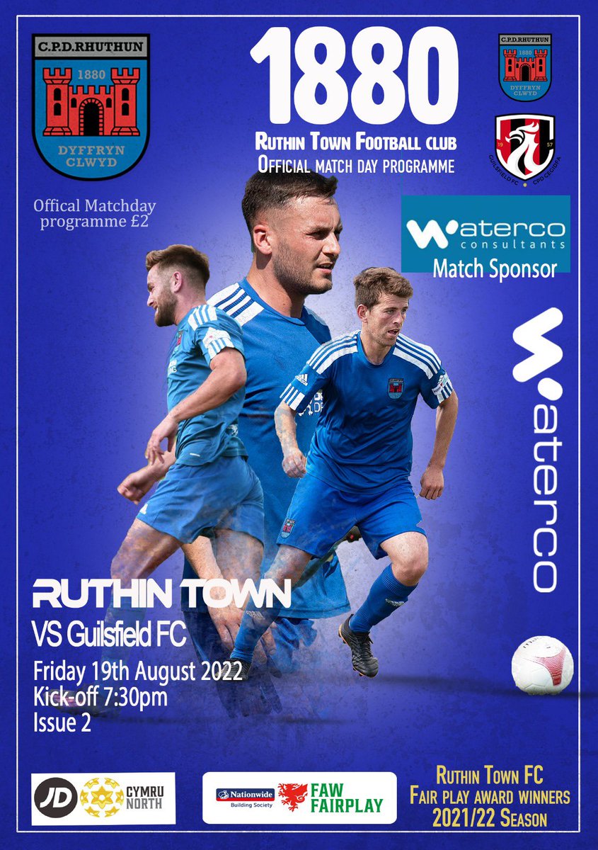 Our front cover of our next home league game:

19th August 7:30pm ko ⚽️

Ruthin Town v <a href="/GUILS1957/">CPD Guilsfield FC</a> 

Many thanks to Waterco Consultants for the match ball sponsor of the game.

Programmes will be for sale at the gate for £2.