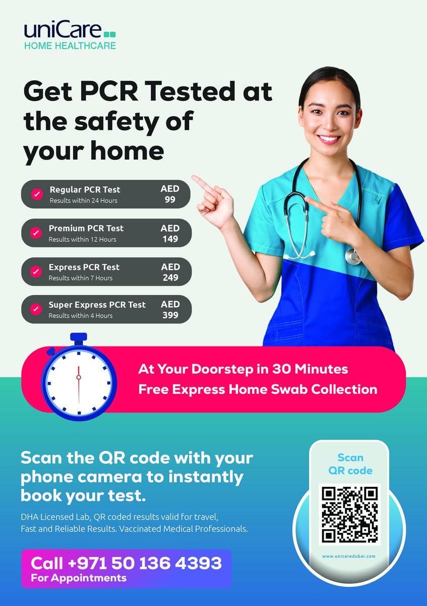 uniCaredubai's tweet photo. Get PCR Tested in the safety of your home!
Call 04 352 9292 for appointments! We reach your doorstep in 30 minutes. https://t.co/jgsbeqlbUR