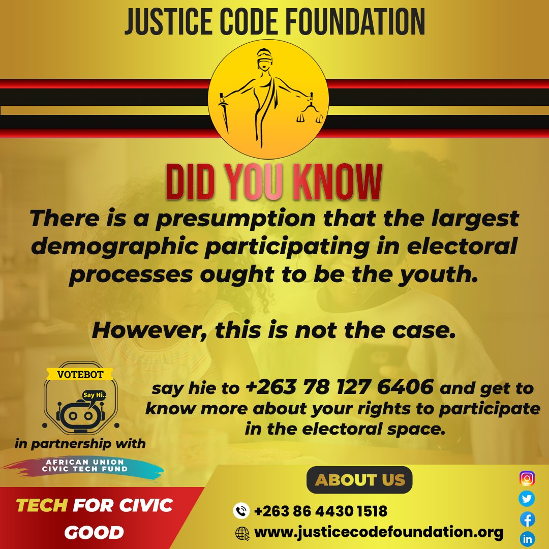 Justice_Code's tweet photo. #VOTEBOT Good morning Zimbabwe, registration to participate in the democratic space is still open, visit your nearest @ZECzim center and get registered today.

Say Hi on https://t.co/a8YIdAQI5p &amp; book a ride with us
#RegisterToVoteZW #civitech @Code4Africa https://t.co/MoQln0b1au