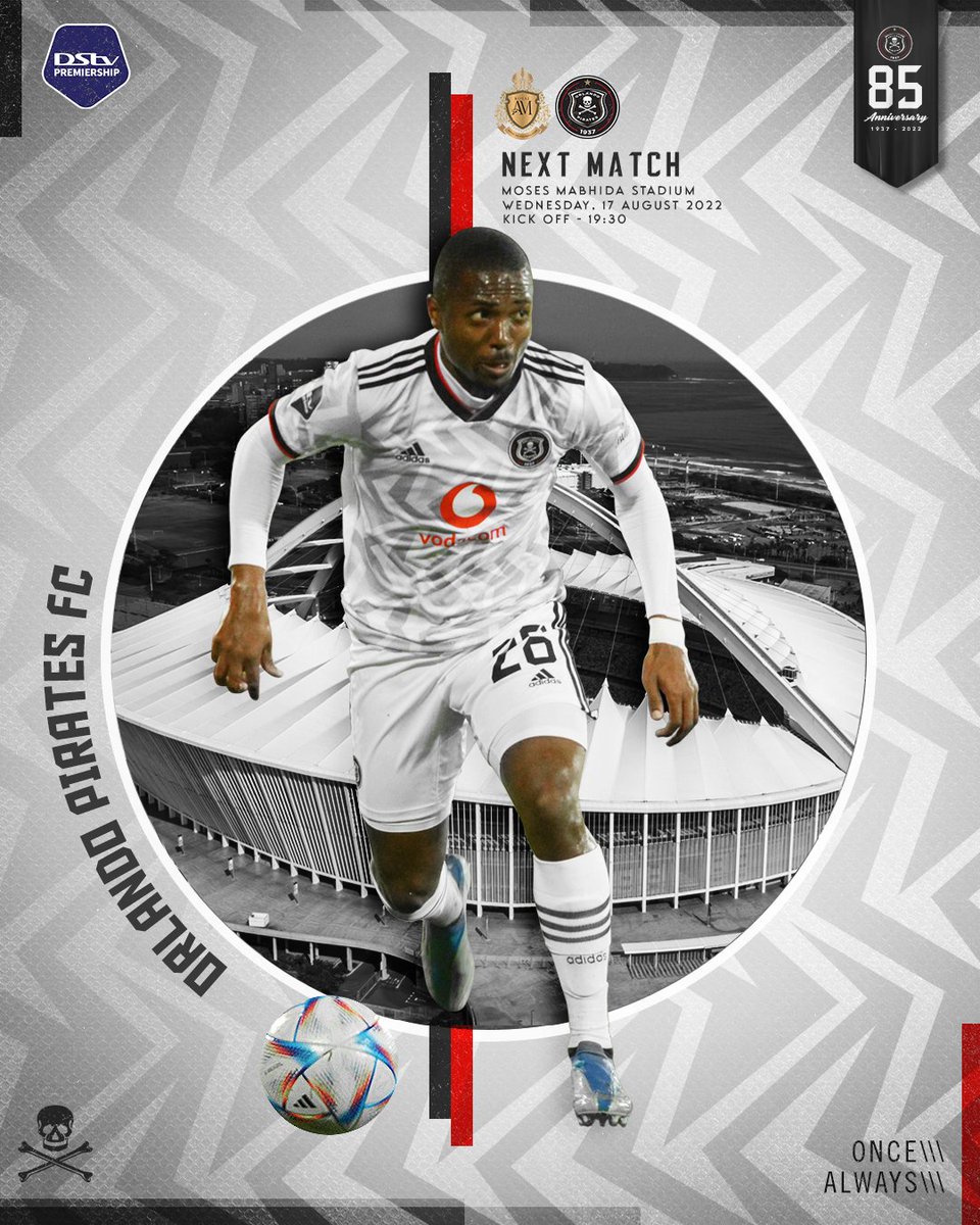 orlandopirates's tweet photo. ☠️ 🚨 𝗡𝗘𝗫𝗧 𝗠𝗔𝗧𝗖𝗛 🚨

🏆 #DStvPrem
⚽️ @RAMFC_sa vs @orlandopirates
📆 Wednesday, 17 August 2022
🏟 Moses Mabhida Stadium 
🕢 19h30

⚫⚪🔴⭐
#OrlandoPirates
#OnceAlways https://t.co/Fh29XFKvoW