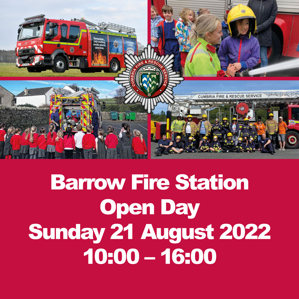 Come and join us at Barrow Fire Station's Open Day this Sunday 21 August! 

🚗 Practical demonstrations

🚒 Take a look around the fire station and our fleet and equipment

🧑‍🚒 Talk to our crews

🍦 Enjoy an ice cream!

We look forward to seeing you there.

<a href="/fire_barrow/">BarrowFire</a>