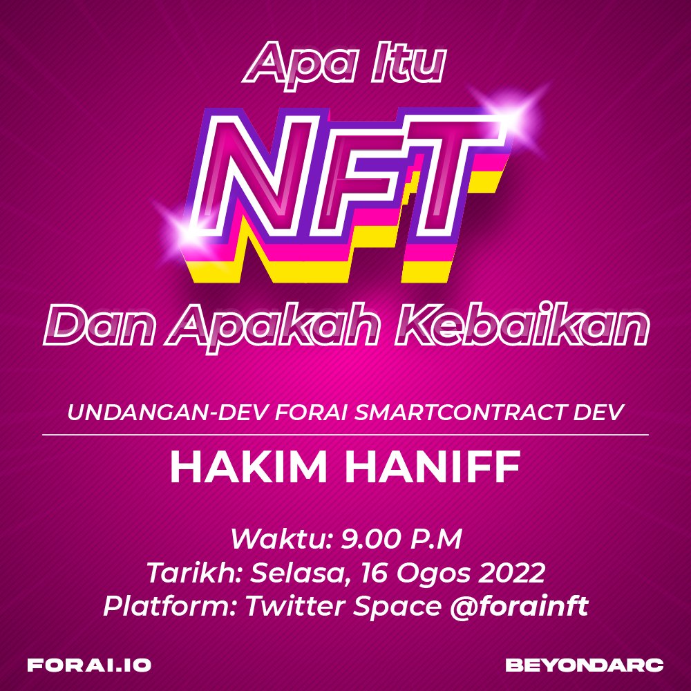 forainft's tweet image. Minta maaf ada sedikit ralat pada poster sebelum ini 🙇🙏

Jom sertai kami malam ini jam 9 bersama @hakimhaniff0 yang akan membicarakan tentang NFT 🔥🤘🤘🔥

#foraipx 
#forai