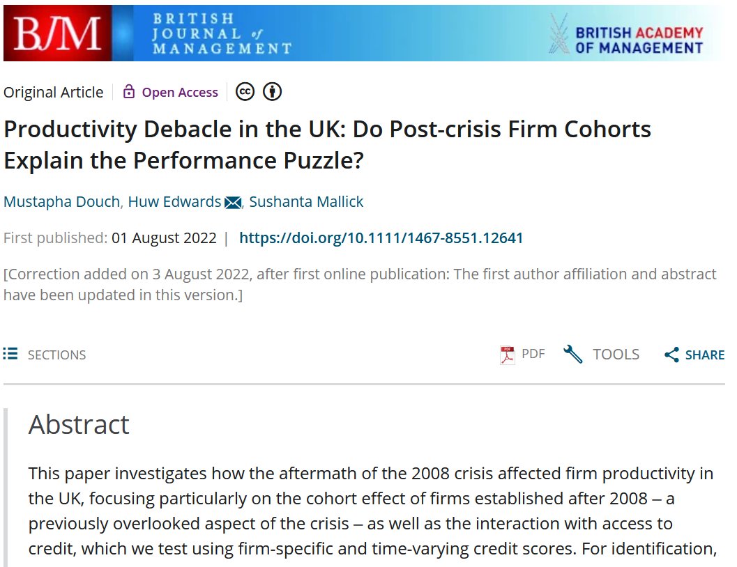 BJM_BAM's tweet photo. New BJM research investigates how the aftermath of the 2008 crisis affected firm productivity in the UK. It finds that the poor total factor productivity performance of UK firms since 2008 was largely driven by newer firm startups in the services sector.

https://t.co/Sg95Fr1p4F https://t.co/gO93t4wetn