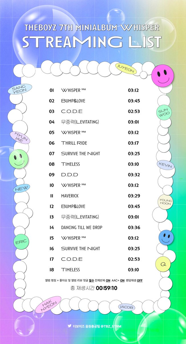 💙WHISPER 스밍리스트 안내💙 

WHISPER 스밍리스트입니다‼️
지금부터는 아래의 최종 스밍리스트로 스밍해주세요🔥 

이 최종 스밍리스트는 이번 컴백 총공이 끝날때까지 유지됩니다‼️ 더비들 스밍 모두 함께해요🥰 

✔️음원 캐싱 꼭 꺼주세요
✔️원클릭 스밍리스트는 곧 타래로 달겠습니다‼️