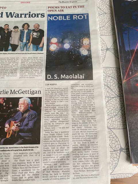 TurasPress's tweet photo. "DS Maolalai is cool & literate & if he hesitates over an image it is to sort out the accumulation of words & settle on a few to add to the reader's sense of intimacy." Huge thanks, @LiamMunster for this super review of @diarmo1990 #NobleRot in @munsterexpress ! https://t.co/uqPg3rUqOI
