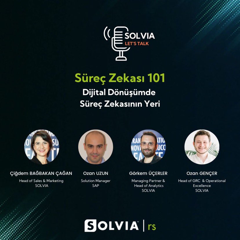 RsSolvia's tweet photo. 🎙️ Süreç Zekası 101 podcast serimizin yeni bölümü yayında!

Kurucularımızdan Ozan Gençer, SAP Türkiye’den Ozan Uzun ve Solvia yönetim ekibinden Görkem Üçerler bu bölümümüzde dijital dönüşüme dair önemli soruları yanıtladı.

Podcastimizi hemen dinlemek için:https://t.co/X0K7NmgYUw https://t.co/XoOMZOmuky