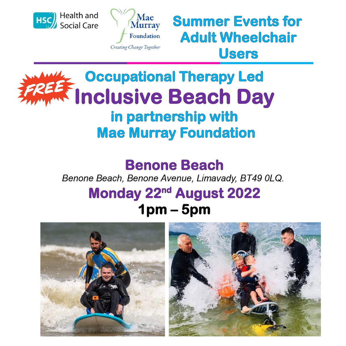 Fancy a family day out at Benone beach?
Wheelchair users can come &amp; try beach mobility equipment including floating water wheelchairs and learn how to access the free loan scheme available all summer!
Benone Beach 
Mon 22 Aug (adults session)
1pm - 5pm
To book call: 028 9615 4154