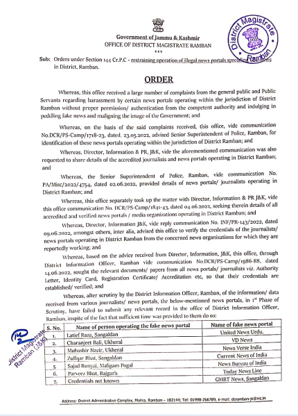 dcramban's tweet photo. Breaking - District Administration Ramban bans operation of illegal news portals peddling fake news and maligning the image of the Government. First list out. @diprjk @Rameshkumarias @Divcomjammu @OfficeOfLGJandK @DrJitendraSingh @MIB_India @infjammu @DDNewslive @ddnews_jammu https://t.co/9AfbJBP9sJ