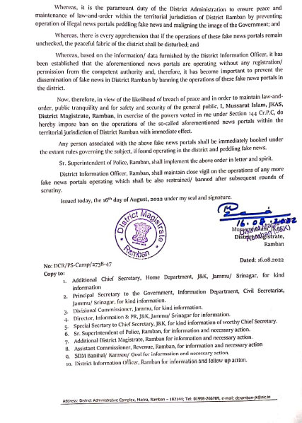 dcramban's tweet photo. Breaking - District Administration Ramban bans operation of illegal news portals peddling fake news and maligning the image of the Government. First list out. @diprjk @Rameshkumarias @Divcomjammu @OfficeOfLGJandK @DrJitendraSingh @MIB_India @infjammu @DDNewslive @ddnews_jammu https://t.co/9AfbJBP9sJ