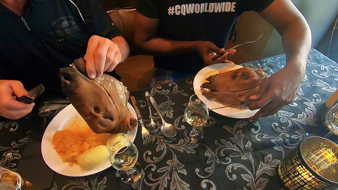 wilburworldwide's tweet photo. How to eat the SMALAHOVE - Norwegian sheep’s head! 🐑 Could you  handle eating the eyes, tongue and ears? 😮 Featuring Mr. Erik Sørensen - Simple Superstar and butcher from Oslo’s Strøm-Larsen! Coming soon! 🇳🇴#Smalahove #FirstClassEats #ExploringCQ #CulturalIntelligence https://t.co/f41rOhoLsw