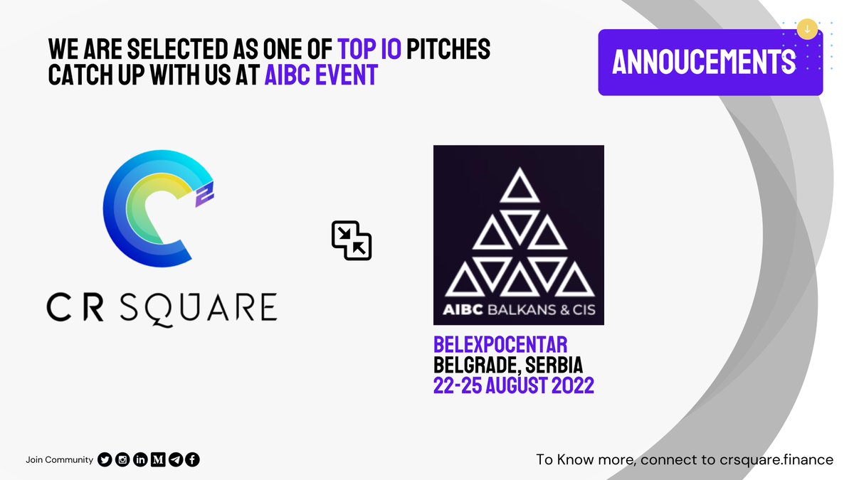 Selected as one of the top 10 pitches of @AIBCsummit 22-25 August 2022, Belgrade, Serbia.

Catch up with our team live at the event.

Know More at : aibc.world/cis/pitch/

$CR2 #Pitch #DeFi #Serbia #Belgrade #Crypto