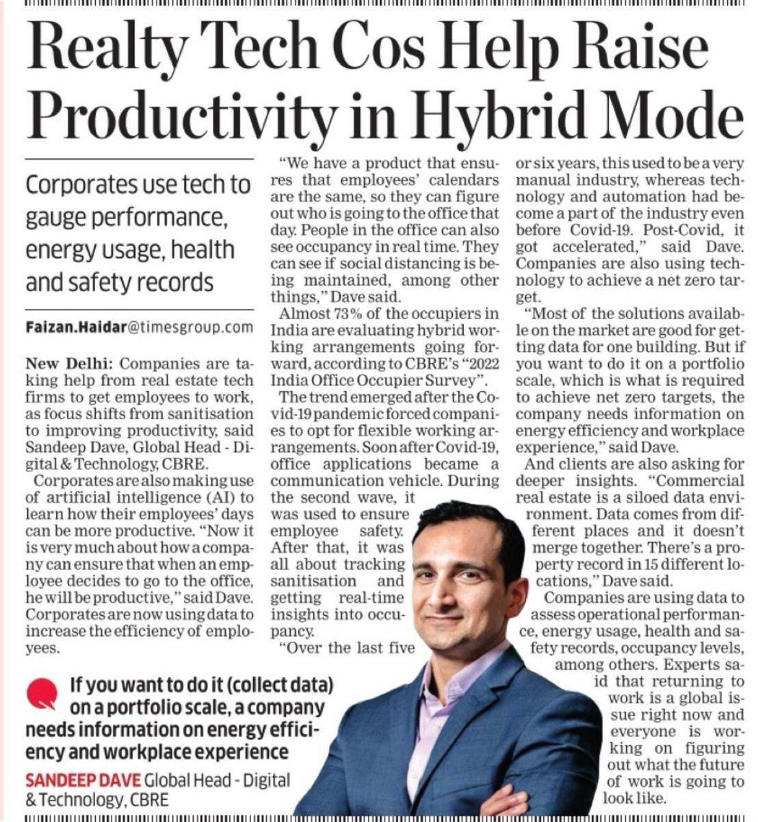 CBRE_India's tweet photo. As the pandemic ebbs, #offices are changing to facilitate #productivity, flexibility &amp; #wellness. In an interaction with @EconomicTimes, Sandeep Dave (Global Head-Digital &amp; Technology, CBRE) informs how realty tech is raising productivity in #hybrid mode.
https://t.co/FdEIl9DKpg https://t.co/OnUz4eKuUe