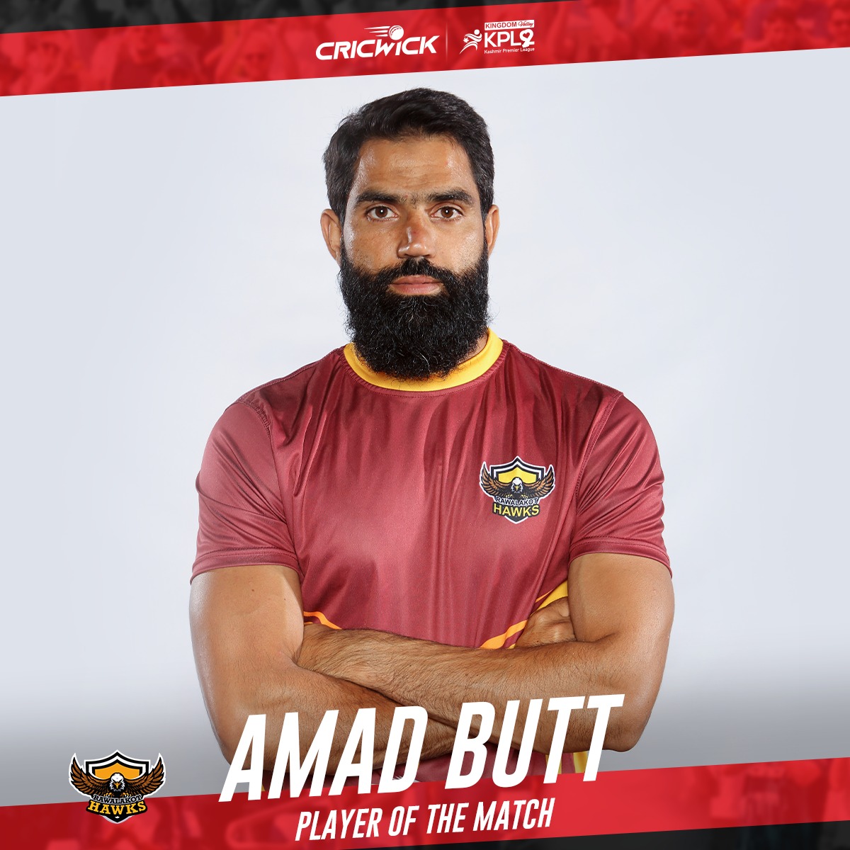 Cricwick's tweet photo. 𝑷𝒍𝒂𝒚𝒆𝒓 𝒐𝒇 𝒕𝒉𝒆 𝑴𝒂𝒕𝒄𝒉 ✨

4️⃣ Overs ☄
2️⃣4️⃣ Runs 📉
2⃣ Wickets ☝

@AmadButt12 gets awarded as the Player of the Match for his destructive early spell ⚠ 

#RHvMT #KPL2022 #KheloAazadiSe #KingdomValleyKPL #CricketTwitter https://t.co/LKng67wMhl