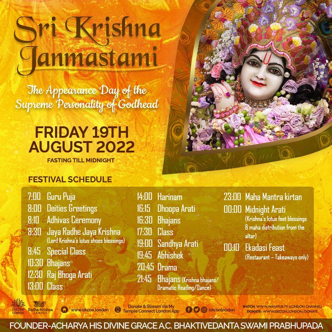 iskconlondon's tweet photo. Join us for two of the biggest festivals this week!
#janmastami #srilaprabhupada #festival #harekrishnas #iskcon #london #spirituality #talk #mantramusic #kirtan #drama #feast https://t.co/IRqbUQd4Fl