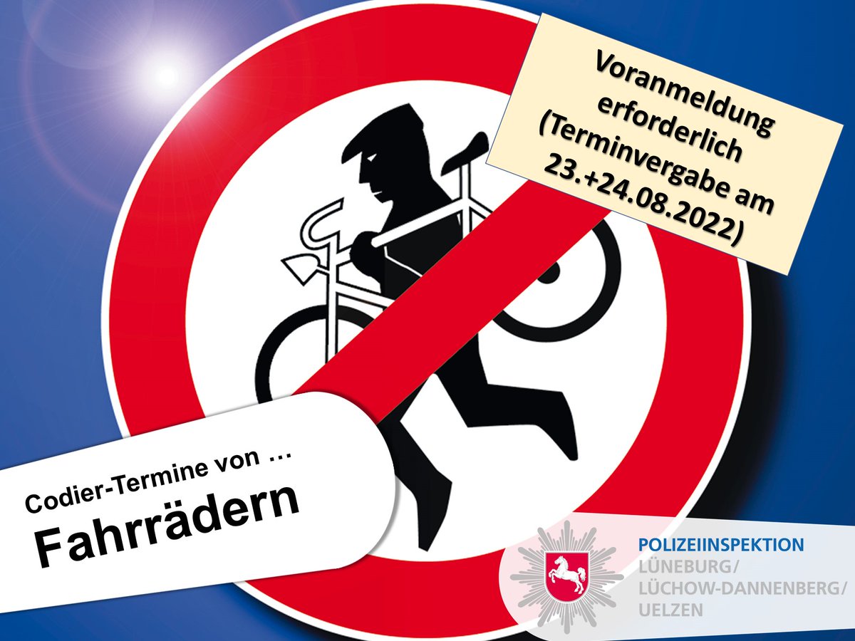 Polizei_LG's tweet photo. ++ "Schützen, was dir lieb & teuer ist: Dein Zweirad🚲!" ++ Fahrradcodierungen in Hitzacker, Dannenberg, Clenze und Lüchow ++ telefonische Voranmeldung am 23.08. und 24.08.22 ++
Weitere Infos 💡:
https://t.co/70RoBjmLi0
#polizeidan #fahrrad #codieren https://t.co/uYlXFkXw3T
