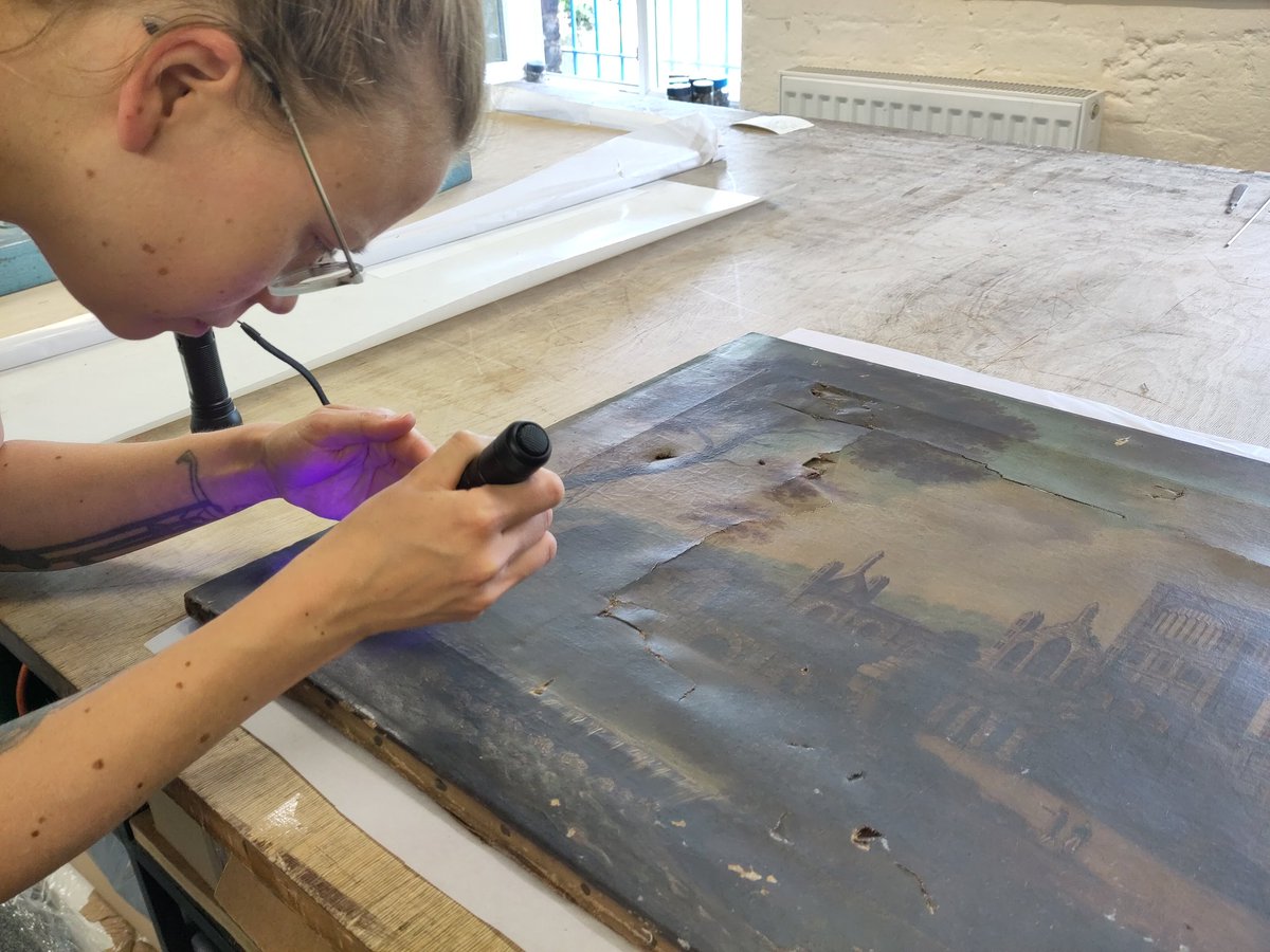 CuratorKitty's tweet photo. #Mystery solved! This c1790s oil painting of @KirkstallAbbey has been hidden by #conservation tissue for nearly 30 years. It does need a bit of tlc but is in good hands @ckconservation if we can get funds to restore it. https://t.co/T7Q7eTt3sL