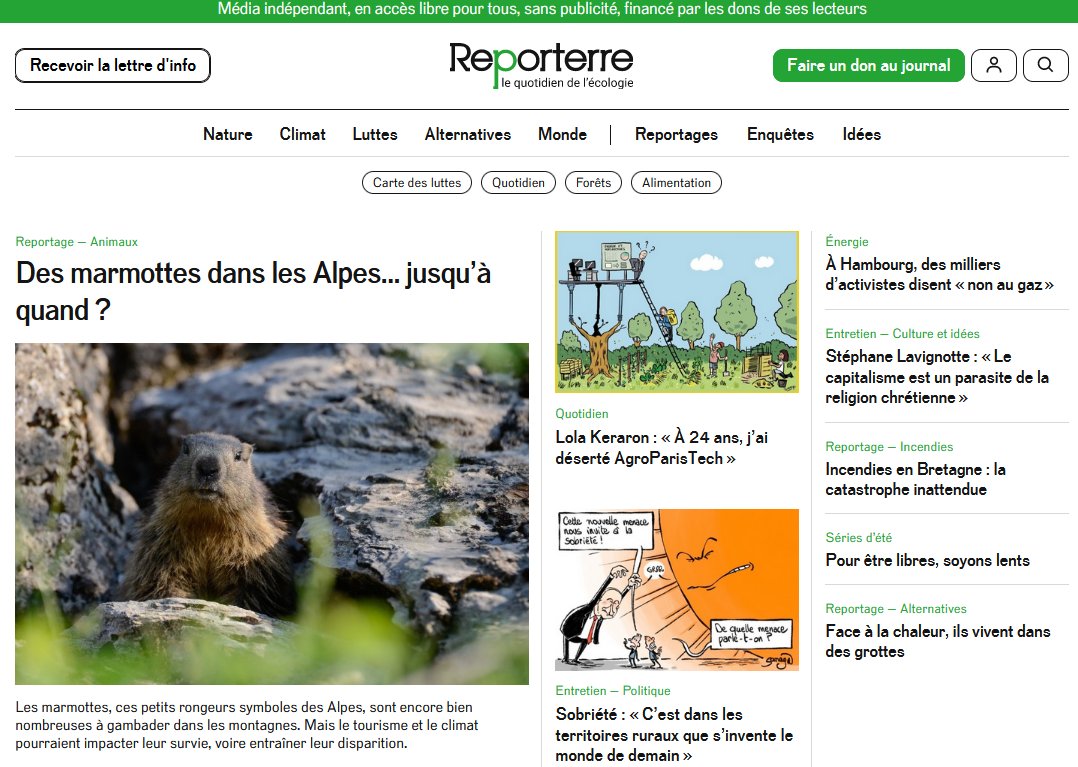 📰Aujourd'hui sur reporterre.net:

1⃣ Les marmottes en danger, de <a href="/Laury_anne/">Laury-Anne Cholez</a> 

2⃣ Portrait de Lola Keraron, deserteuse d'<a href="/AgroParisTech/">AgroParisTech</a>, de <a href="/ameliequentel/">Amélie Quentel</a> 

3⃣ Entretien sur la sobriété avec <a href="/collatraverse/">La Traverse</a>