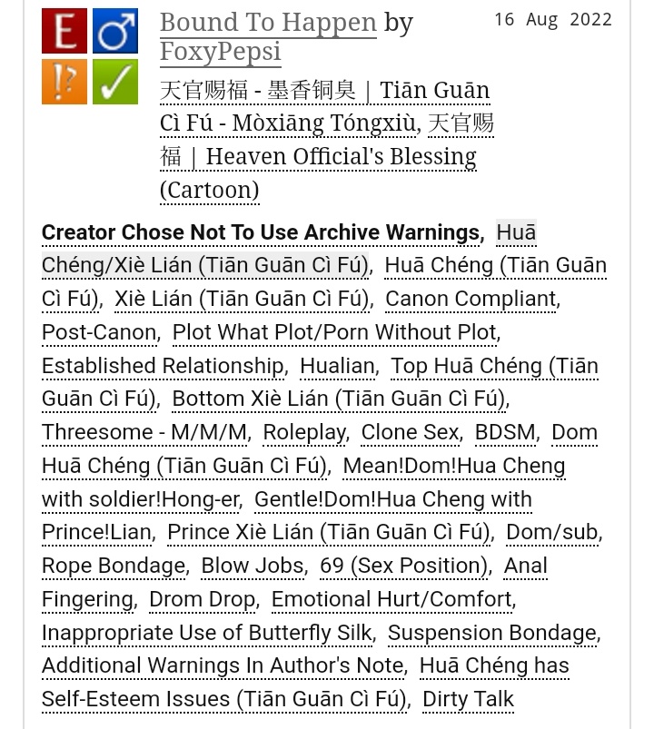 Foxypepsi1's tweet photo. BOUND TO HAPPEN

🪢 #hualian rope-play roleplay 
🪢 Rated E, 🔞 4.8K words
🪢 Emotional hurt/comfort with smut
🪢Dom!HC (with aged-up Bodyguard!Hong-er clone) and Gentle!Dom!HC (with Prince!Lian)
Written for the @mxtxbdsmweek

LINK in the replies ⬇️ 
#TGCF #天官赐福 #花怜 https://t.co/To5KsxVmBW