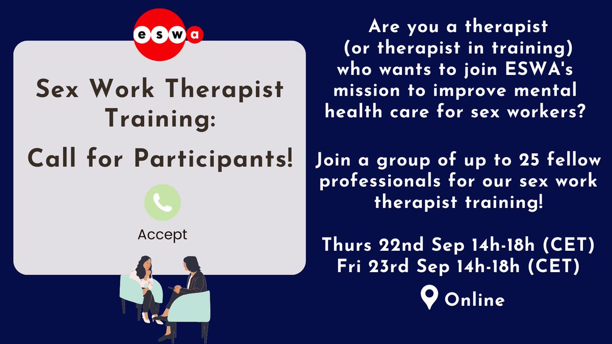 sexworkeurope's tweet photo. Are you a therapist or therapist in training?
We're on a mission to improve mental health care for sex workers - and we'd love for you to help us make it happen!
For more information on our inaugural training sessions, including how to register 👇
https://t.co/4aZ5DFRpPw https://t.co/dMZNhc7rUa