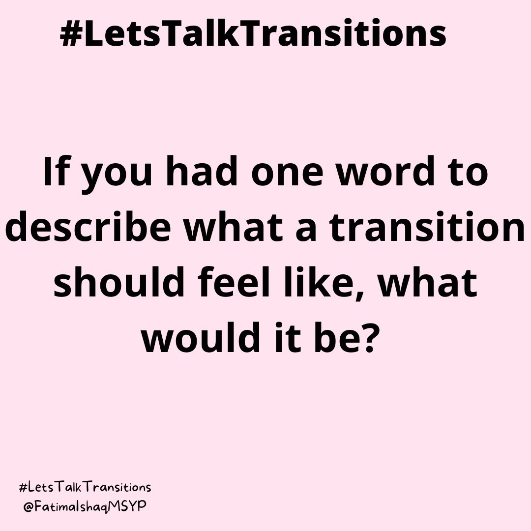 fatimaishaqxx's tweet photo. #LetsTalkTransitions
Lets Talk!
If you had one word to describe what a transition should feel like (eg/ transition to high school, employment, mental health services), what would it be?
Reply below! https://t.co/UFMsBUuHNK