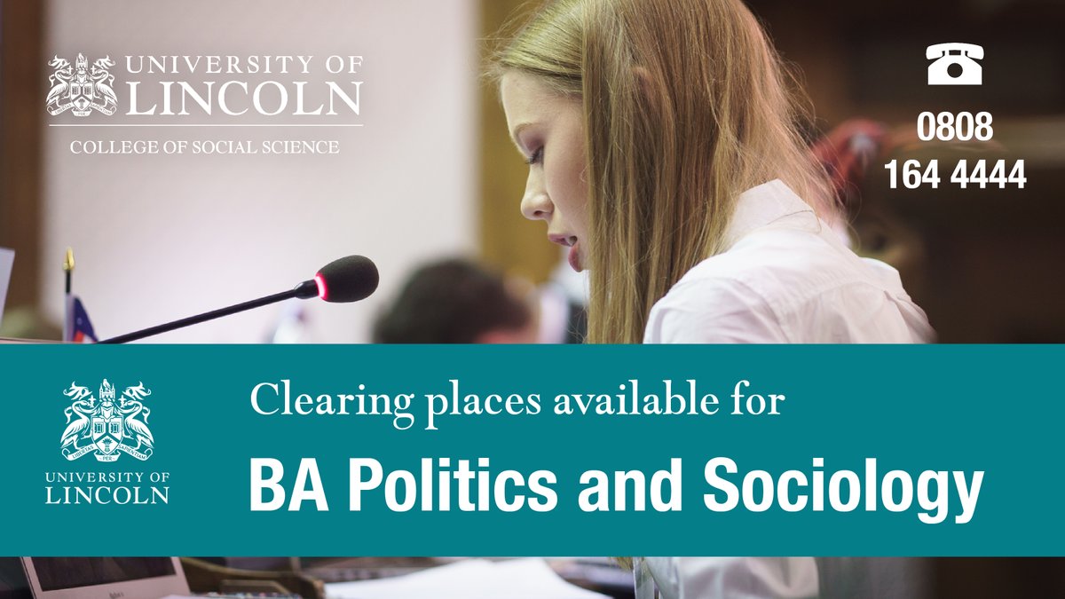 UoL_CSS's tweet photo. We've got places available for our BA Politics and Sociology course. This programme is ideal for anyone wanting a career in central/local politics, policy development and research.

Learn more https://t.co/xBZxCDlOnt or contact our Clearing team 0808 164 4444 #clearing #lincoln https://t.co/ZQ8CkVNqPe