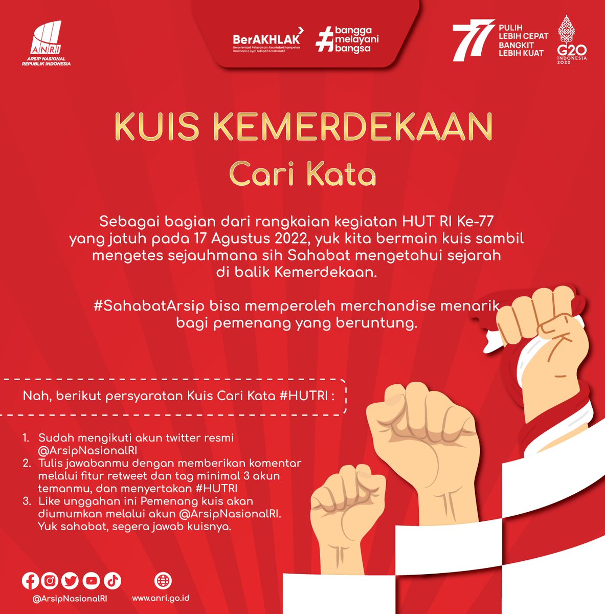 ArsipNasionalRI's tweet photo. #SahabatArsip sebagai bagian dari rangkaian kegiatan HUT ke- 77 RI yang jatuh pada 17 Agustus 2022, yuk kita bermain kuis sambil mengetes sejauhmana sih Sahabat mengetahui sejarah di balik kemerdekaan. 
#SahabatArsip bisa memperoleh merchandise menarik bagi pemenang yg beruntung. https://t.co/VCifA4nwKj