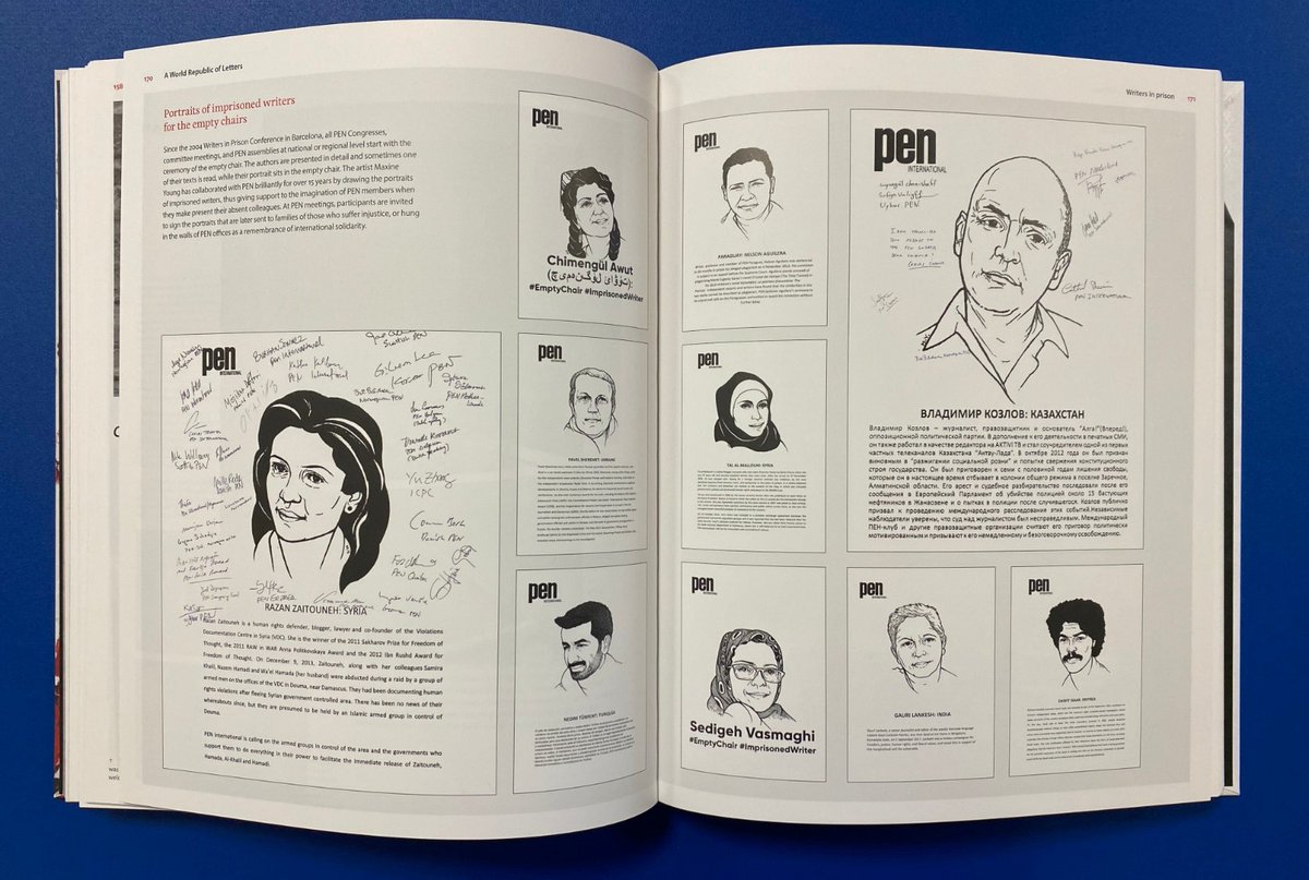 pen_int's tweet photo. Artist Maxine Young has collaborated with PEN for 15+ years, drawing portraits of imprisoned writers for PEN’s empty chairs at PEN Congresses and Assemblies. Explore her portraits in our #Centenary #PENBOOK “An Illustrated History": https://t.co/CZccPNhyxY https://t.co/fDNH3Ev4JI