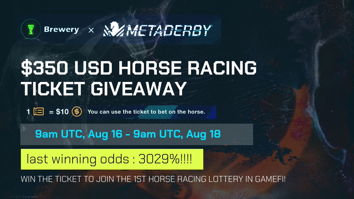 metaderby's tweet photo. 🌈💰Wanna join horse racing lottery for FREE?💰

🔥$350 #HorseRacing Lottery FREE Ticket🔥

To be eligible for the #Giveaway👇
✅Follow @metaderby &amp; @boba_brewery 
✅RT + ❤ + Tag 3 Frens
✅Open a Ticket with screenshot proof in @boba_brewery Discord to submit your address https://t.co/m89q3Gyp1z