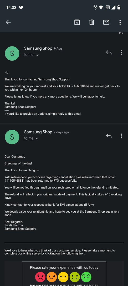 arvi2030's tweet photo. @SamsungIndia

I have placed and cancelled an order from Samsung shop app. Its been 20 days since I have returned the product. I have not received the refund amount from Samsung. https://t.co/E540DTaF4d