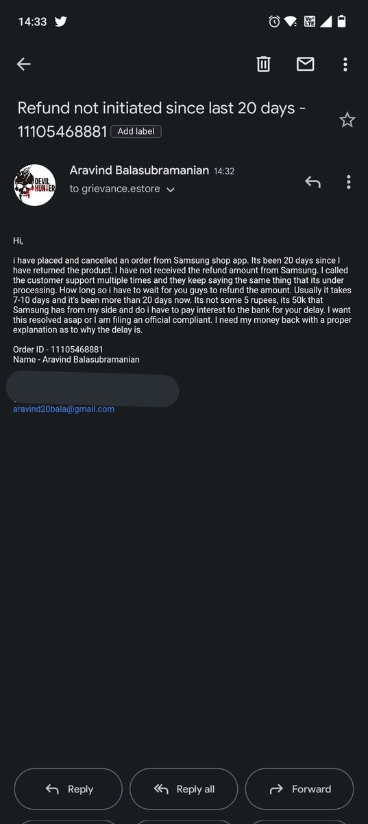 arvi2030's tweet photo. @SamsungIndia

I have placed and cancelled an order from Samsung shop app. Its been 20 days since I have returned the product. I have not received the refund amount from Samsung. https://t.co/E540DTaF4d