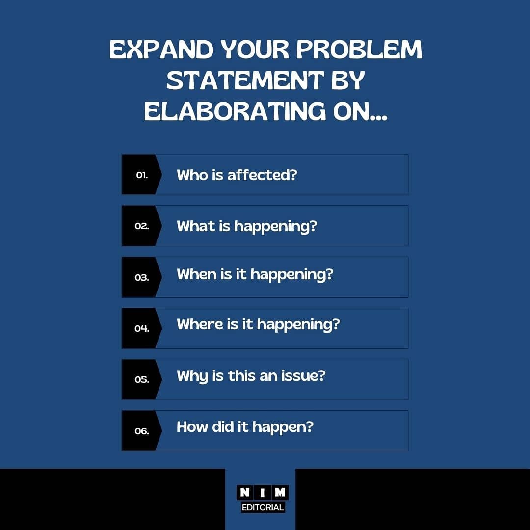 NIMEditorial's tweet photo. The first and most important step of a research is formulating the problem statement. Write an effective problem statement using these simple guidelines.

#nimeditorial #proofreading #iamediting #academia  #academictwitter #PhDlife #dissertationwriting #writingtips #phinished https://t.co/PQi8Ianwsf