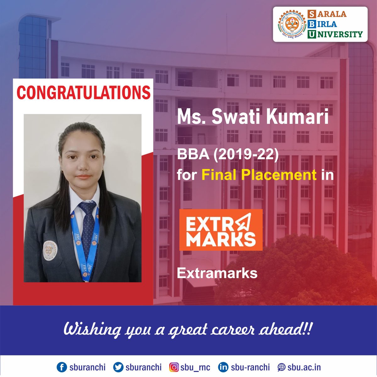 sburanchi's tweet photo. Congratulations to our BBA 2019-22 Batch students for their Final Placement in Extramarks.
#sbu #sburanchi #campusplacement #finalplacement #bba #bbaplacement #Extramarks https://t.co/dkl1hiURkO