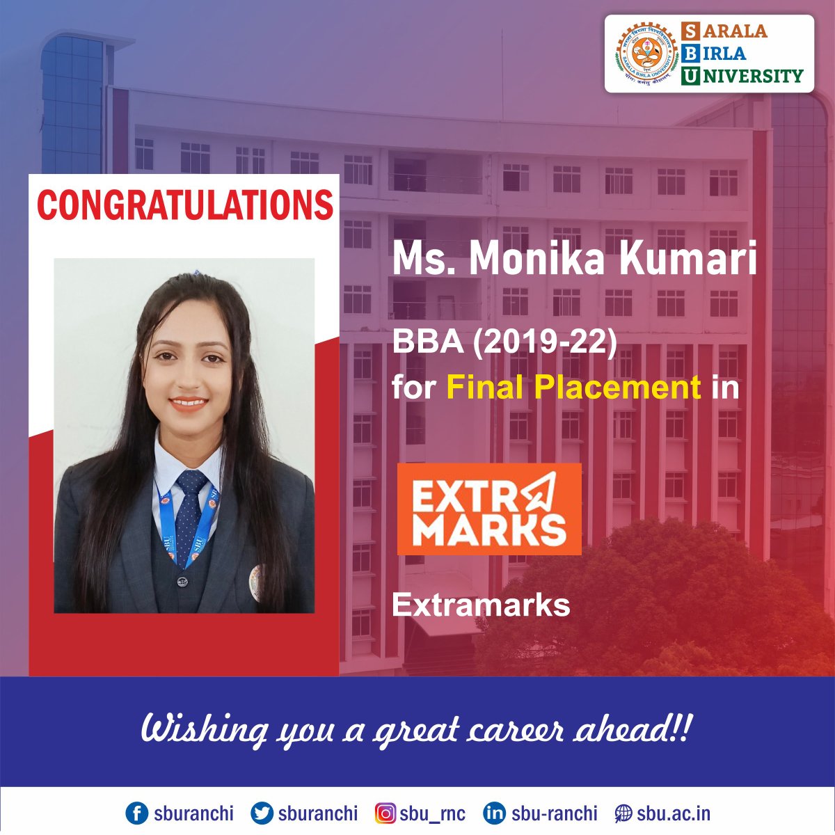 sburanchi's tweet photo. Congratulations to our BBA 2019-22 Batch students for their Final Placement in Extramarks.
#sbu #sburanchi #campusplacement #finalplacement #bba #bbaplacement #Extramarks https://t.co/dkl1hiURkO