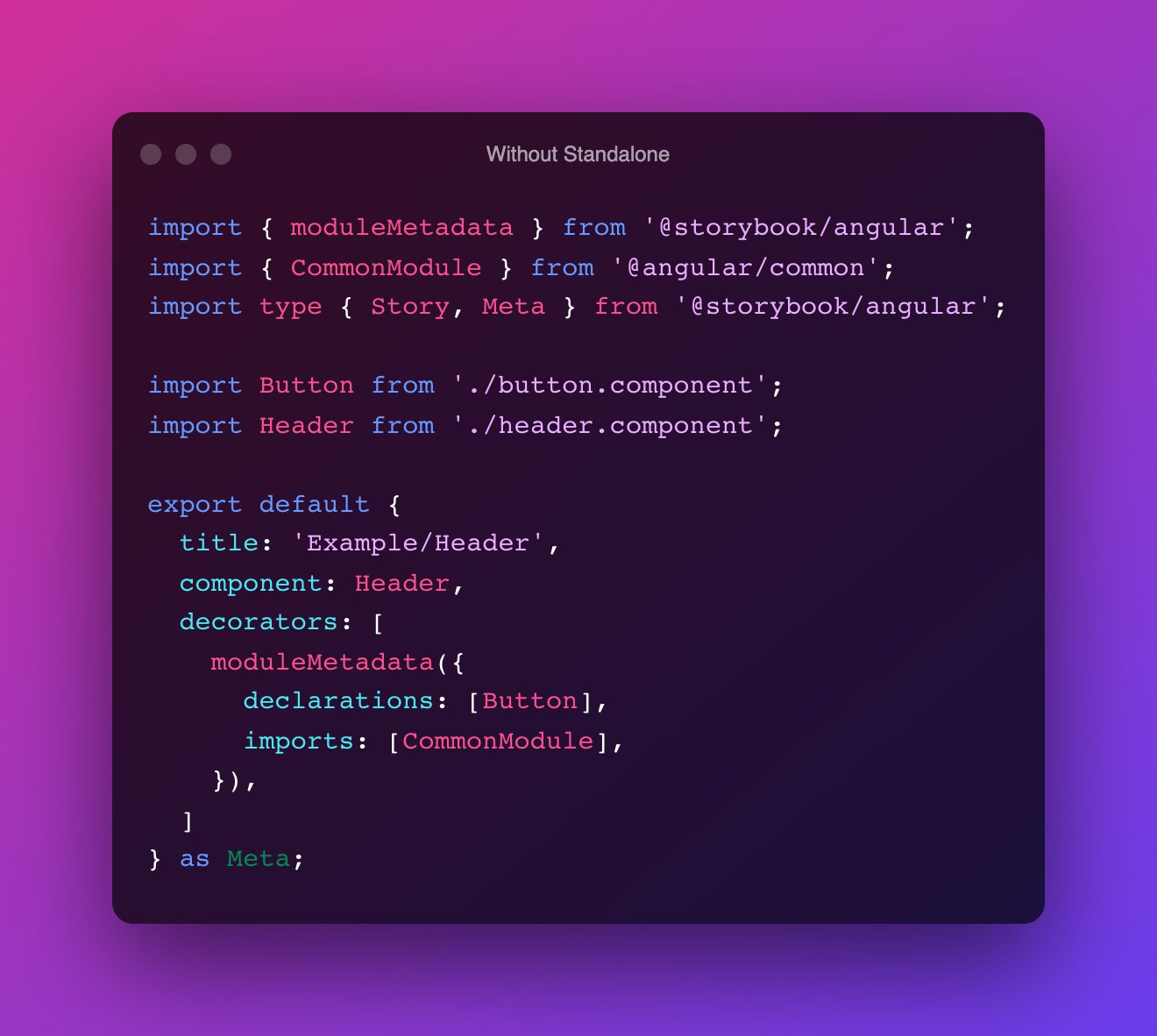 Chris Kohler on Twitter: "#Angular standalone components make storybook stories much simpler to write 🤩 See the comparison between: - Without standalone - With standalone I took the example stories from storybook: Chris Kohler on Twitter: "#Angular standalone components make storybook stories much simpler to write 🤩 See the comparison between: - Without standalone - With standalone I took the example stories from storybook: