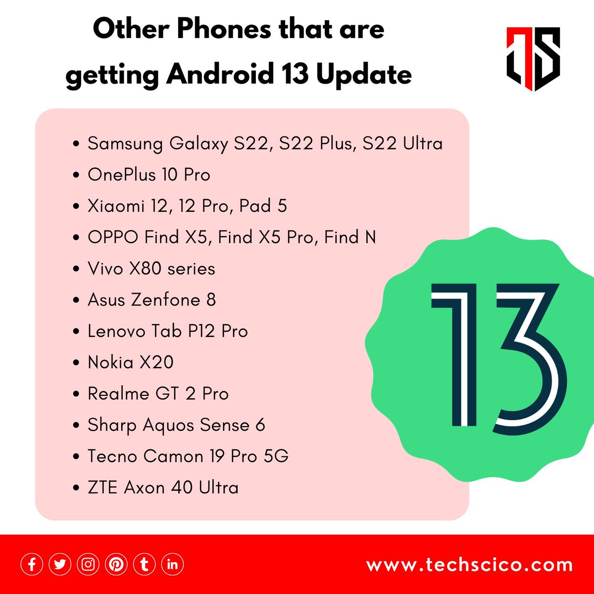 techscico's tweet photo. Top Smartphones that are getting Android 13 Update
Know more - https://t.co/lCi8UTJ1Jj 

#TechScico 
#Android13 #Google #GooglePixel #Android https://t.co/4gyJgq7hOJ