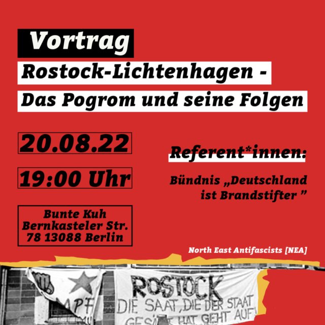 BrandstifterBRD's tweet photo. Info + Praxis + Vernetzungstag

Antifa-Soli-Tresen für die #Rostock-#Lichtenhagen-Demo

📅 20.08.2022
📍@Bunte_Kuh_Wsee

🕚14:30h
Demobanner &amp; Schilder basteln

🕚19:00h
Hintergrundvortrag zum #Pogrom1992
⏩https://t.co/nyVBlBDLGS

🍺Tresen &amp; 🎶Musik
🍕 Steinofenpizza (18.30h) https://t.co/0CY7SnvUKf