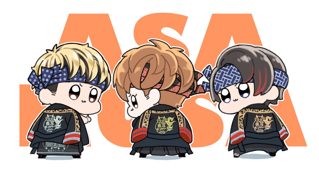 multiple boys chibi 3boys black hair headband from behind blonde hair  illustration images