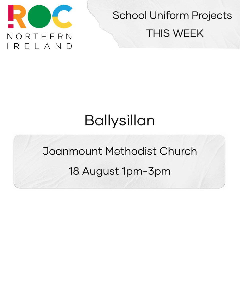 ROC_NI's tweet photo. Quick reminder that this Thursday is the final day for our School Uniform Project in Ballysillan!
Make sure to come to Joanmount Methodist Church between 1pm-3pm for your uniforms!
#schooluniformproject #costoflivingcrisis https://t.co/GwUdJltJ0t