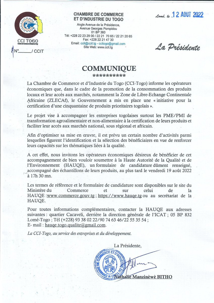 COMMUNIQUE
*********************