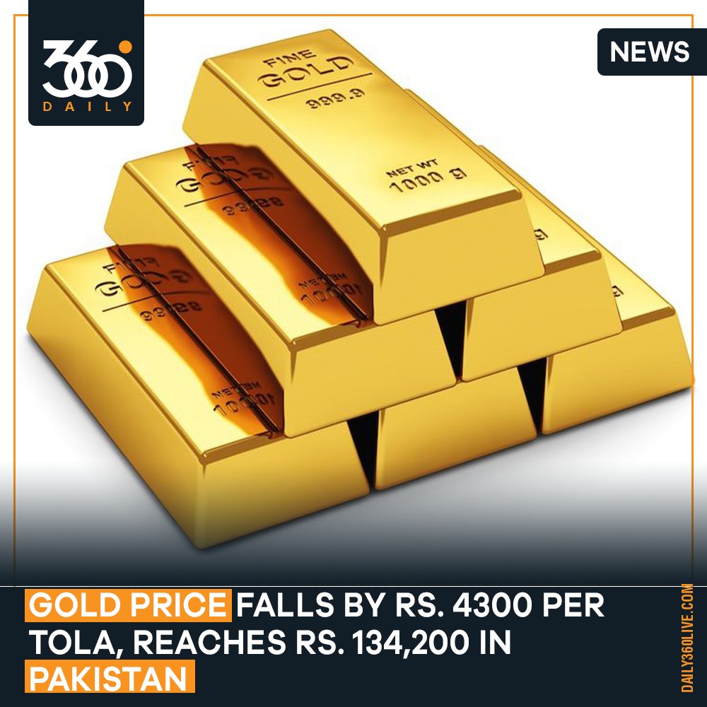 Daily360L's tweet photo. According to the All Pakistan Jewelers Manufacturers Association, per tola price of the precious yellow metal decreased by Rs4300 to Rs134,200 while the price of 10 grams was reduced by Rs3686 to Rs115,055.
#daily360 #Pakistan #NewsAlert #goldrate #GoldPrices https://t.co/OnBt2BzWR4