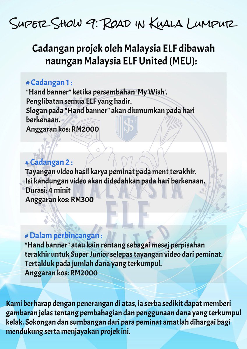 myelfunited's tweet photo. Helo ELF 👋🏻

Serba sedikit ringkasan mengenai projek #SS9inKL 

Sila rujuk lampiran dibawah untuk maklumat lanjut. Kami berharap penerangan dari pihak MEU dapat memberi keyakinan kepada anda untuk menyalurkan sumbangan bagi menjayakan projek ini. Projek-projek berikut dipilih- https://t.co/3CnldEI3hz