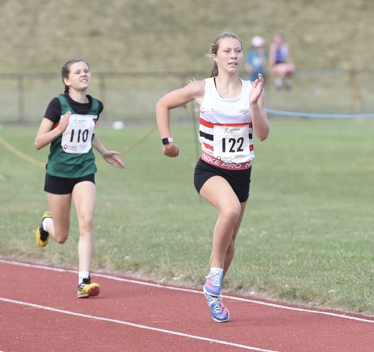 On the home straight. Freya runs another personal best in the Under 13 girls 800m at the Northern Athletics Championships in Liverpool. A great achievement in the searing heat.