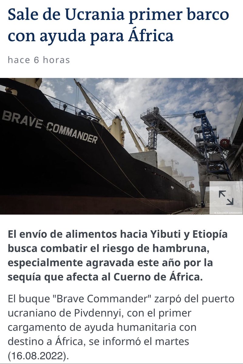 MonicaSilvanaG's tweet photo. Celebro la efectiva partida del buque hacia el Cuerno de África que alivia la situación; sobre todo en Etiopía, país castigado por sequías y por el agravio alimentario de la guerra de Putin.

Si nuestros problemas son iguales, nuestra solidaridad debe ser sólida.

#BraveCommander https://t.co/ms4lHt9Dl8
